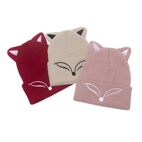 Fox Ear Knitted Beanie Acrylic 3D Animal Ear Embroidery Cuffed Winter Warm Hat For Women And Men