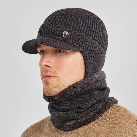 Men Winter Knitted Beanie Hat And Neck Warmer Thickened Fleece Lined Visor Ear Protection Windproof Warm