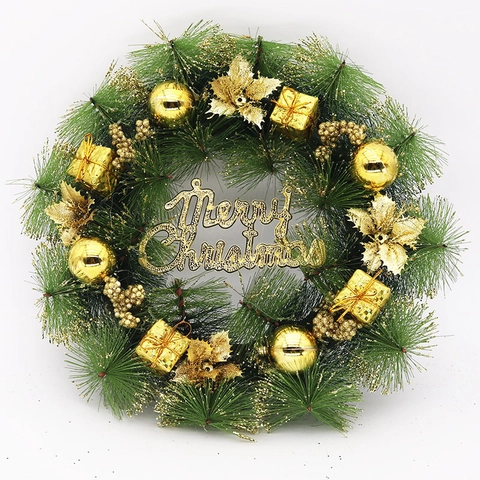 Corona de Navidad Guirnalda de Agujas de Pino Artificial Con Bolas Festivas Lazos Campanas Para Puerta Delantera Pared