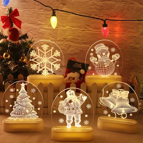 3D Acrylic Christmas Night Light LED Decorative Desk Lamp Warm White Santa Claus Snowman Reindeer USB Battery Powered