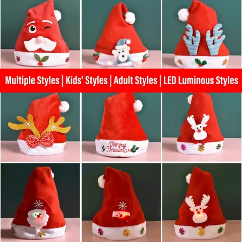 LED Leuchtende Weihnachtsmütze Samt Plüsch Rentier Schneemann Xmas Feiertag Party Deko Für Kinder Erwachsene