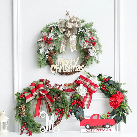 Artificial Christmas Wreath Pine Needles Cones Withered Vine Base Red Berries Bow Wood Sign Front Door Wall Holiday Home Decor