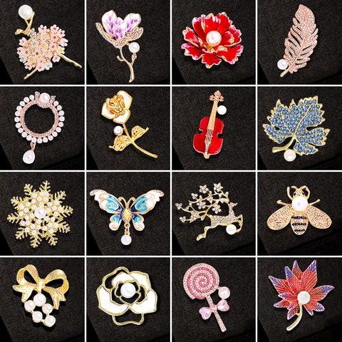 Elegant Alloy Brooch Pin With Faux Artificial Pearl Rhinestone Enamel Flower Animal Violin Shape Jewelry Accessory For Women Gift