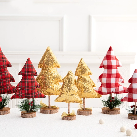 Mini Christmas Tree Desktop Ornament Fabric Plaid Sequin Xmas Decor Wood Base Nordic Style Tabletop Window Display