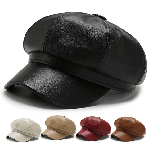 Casquette Newsboy En Cuir PU Vintage Pour Femmes Et Hommes Chapeau De Peintre Rétro Octogonal Couleur Unie Réglable Classique