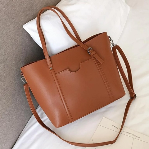 Large Capacity Tote Bag PU Leather Shoulder Handbag Retro Commuter Bag For Women With Front Pocket And Adjustable Strap