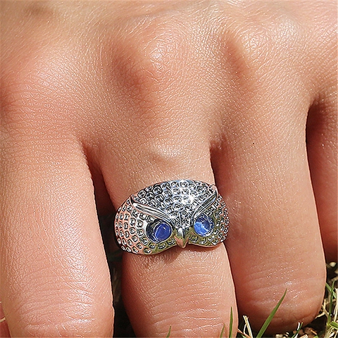 Creative Owl Ring Copper Animal Finger Jewelry With Blue Cat Eye Stone And Rhinestones Retro Vintage Style For Women Men