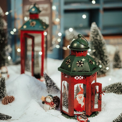 Farol De Navidad Decorativo Retro Hierro Vidrio Portavelas Adorno Colgante Papá Noel Muñeco De Nieve Decoración Hogar