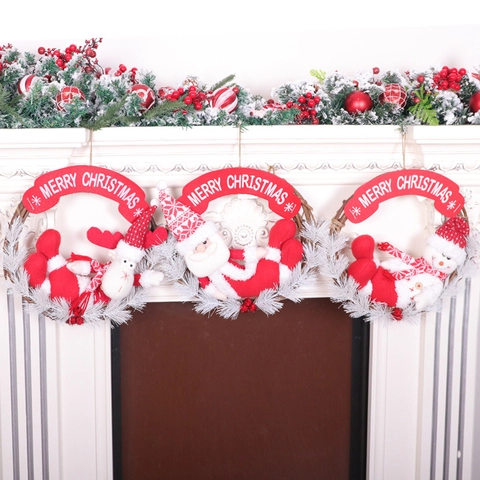 Corona Di Natale In Rattan Ornamento Appeso Con Babbo Natale Pupazzo Di Neve Renna Bambola Di Peluche Decorazione Porta