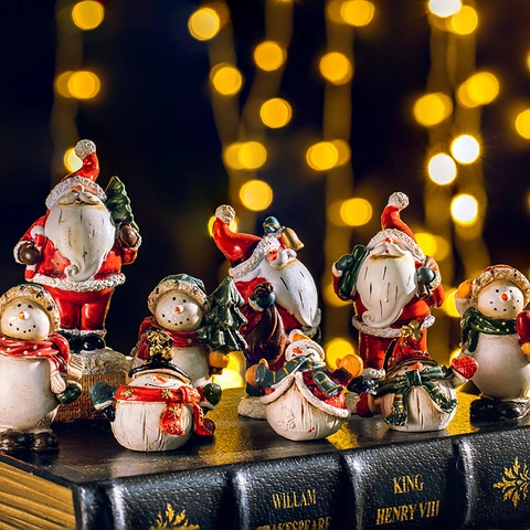 Ornamento Statuetta Natale Resina Dipinto A Mano Retro Distressed Babbo Natale Pupazzo Di Neve Decorazione Casa Scrivania