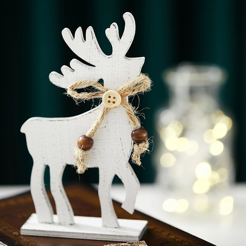 Ornements De Renne De Noël En Bois Finition Blanc Vieilli Noeud En Jute Perles En Bois Décor De Table Rustique