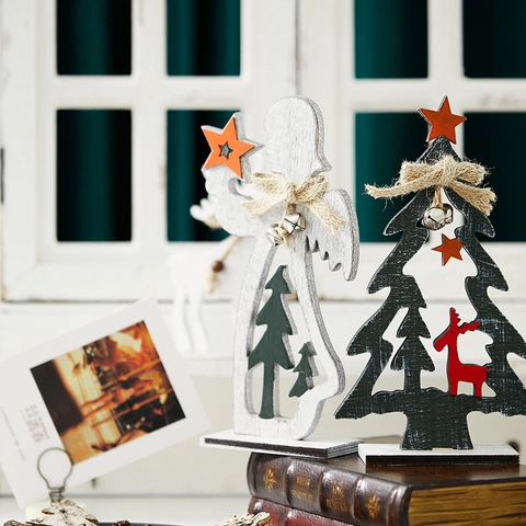 Holz Weihnachtsbaum Engel Ornamente Handgemachte Nordic Stil Desktop Dekorationen Mit Glocken Juteseil Rustikales Finish