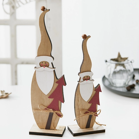 Papá Noel Adorno De Madera Escritorio Pintado A Mano Decoración Navideña Nórdica Con Árbol Rojo Campana Y Cordel