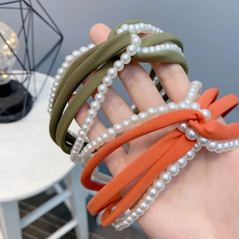 Geknotetes Stirnband Für Damen Mit Künstlichen Künstliche Perlen Und Chiffon Stoff Gedreht Einfarbig Elegant Haarschmuck