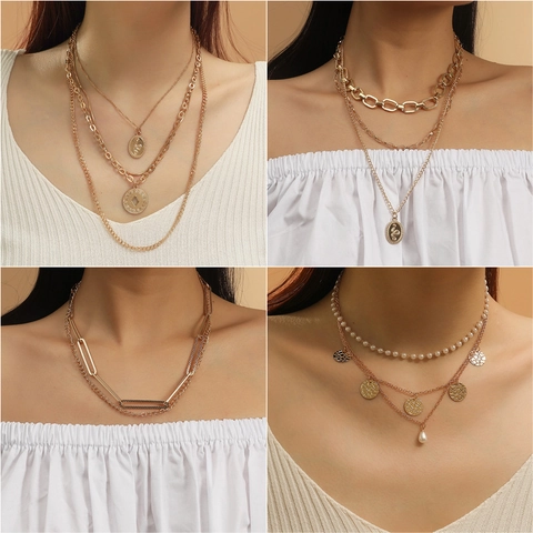 Collar De Varias Capas Aleación Perla Artificial Falsa Cadena Gruesa Hip Hop Estilo Punk Joyería Mujeres Estrella Serpiente Colgante