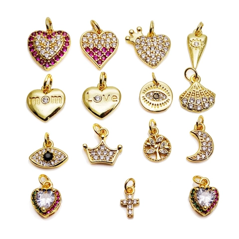 Copper Cubic Zirconia Pendant Micro Pave Heart Evil Eye Crown Moon Design Gold Plated Jewelry Making Charm Accessory