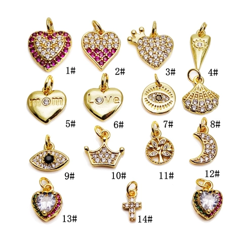 Copper Cubic Zirconia Pendant Micro Pave Heart Evil Eye Crown Moon Design Gold Plated Jewelry Making Charm Accessory