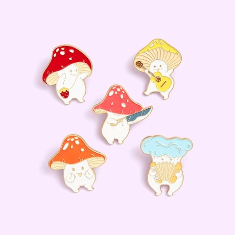 Pines De Esmalte De Hongos De Dibujos Animados Broches De Aleación Insignias De Instrumentos Musicales Para Mochilas Ropa