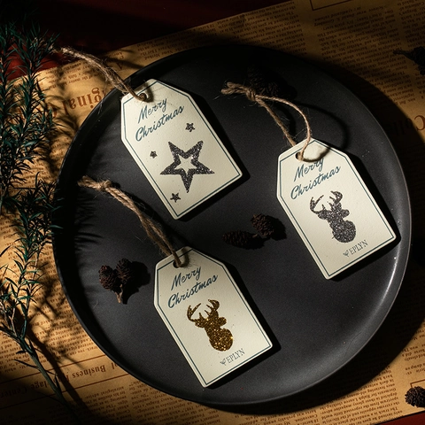 Etichette Regalo Natale Ornamenti Sospesi Legno Merry Christmas Glitter Alce Stella Corda Iuta Decorazione Festiva