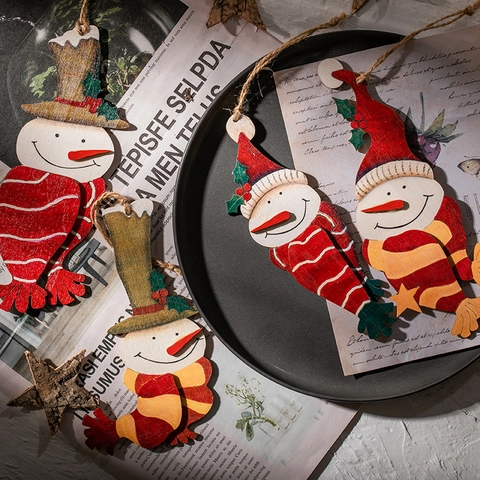 Wooden Snowman Christmas Hanging Pendants Hand Painted Rustic Holiday Tree Decorations Vintage Style With Jute Rope