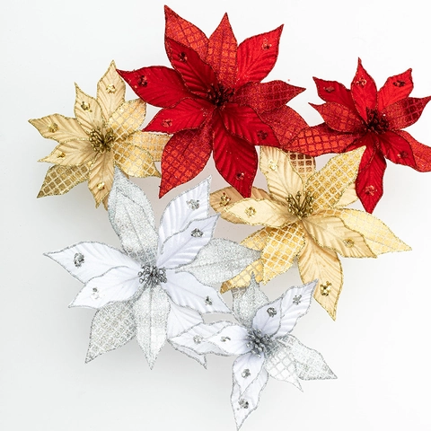 Schimmernde Weihnachtsblumen Künstliche Poinsettia Karierter Stoff Mit Glitzerpailletten Für Baumkranz Feiertagsdekoration