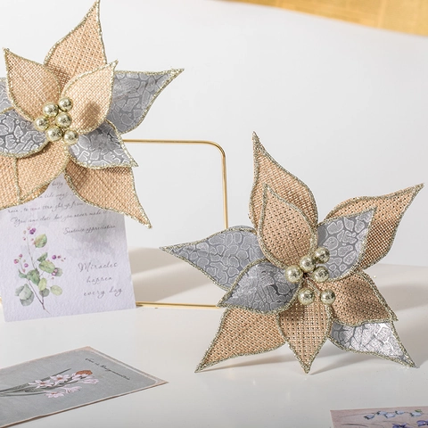 Weihnachts Kunstblume Jute Poinsettia Mit Glitzerrand Und Goldbeeren Für Baumschmuck Hochzeitsfeier Heimdekoration