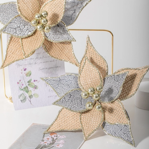 Weihnachts Kunstblume Jute Poinsettia Mit Glitzerrand Und Goldbeeren Für Baumschmuck Hochzeitsfeier Heimdekoration