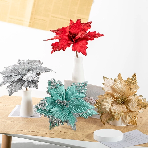 Artificial Poinsettia Christmas Flowers Sparkling Sequins Velvet Fabric Glitter Decor For Tree Wedding Party Home Ornament