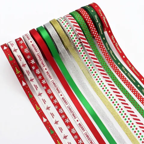 Christmas Grosgrain Ribbon Polyester Satin Metallic For Gift Wrapping DIY Craft Merry Christmas Snowflake Print Holiday Decor