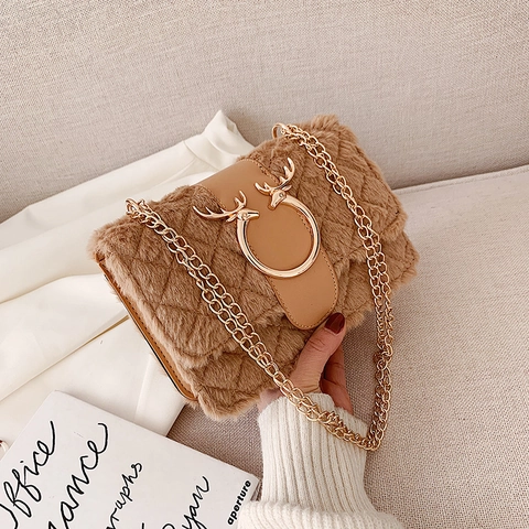 Plush Faux Fur Crossbody Bag For Women Quilted Diamond Pattern Shoulder Bag Gold Chain Antler Buckle Small Square Purse
