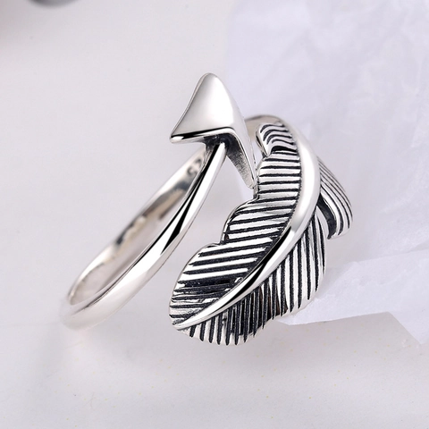 Vintage 925 Sterling Silver Feather Arrow Open Ring For Women Men Adjustable Retro Hip Hop Gothic Jewelry Finger Ring Gift