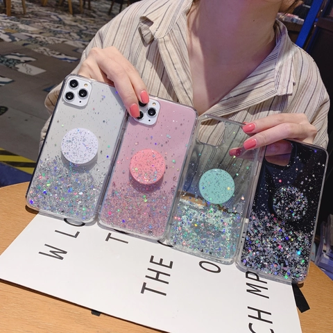Sternenhimmel Glitzer Treibsand Handyhülle Mit Rundem Airbag-Ständer Für iPhone 14 13 12 Pro Max Mode Funkelnde Sternenpailletten Schutzhülle