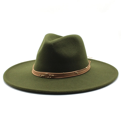 Wide Brim Fedora Hat Cotton Polyester Woolen Felt Retro Bohemian Beaded Band British Style Jazz Cap For Men Women