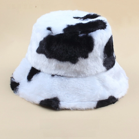 Cappello Alla Pescatora Maculato Mucca Pelliccia Sintetica Inverno Caldo Peluche Donna Streetwear Regolabile Morbido