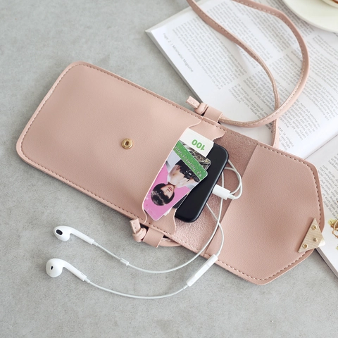 Women PU Leather Mobile Phone Crossbody Bag Heart Metal Buckle Transparent Touchscreen Window Solid Color Retro Fashion
