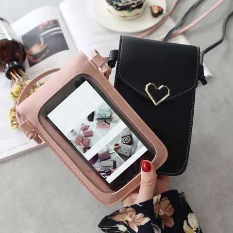 Women PU Leather Mobile Phone Crossbody Bag Heart Metal Buckle Transparent Touchscreen Window Solid Color Retro Fashion
