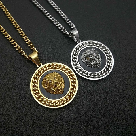 Collar Con Colgante De Cabeza De León De Acero Inoxidable Chapado En Oro Cadena Cubana Joyería Hip Hop