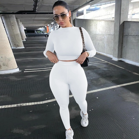 Completo Sportivo Due Pezzi Donna in Poliestere Cotone Manica Lunga Slim Fit Crop Top e Pantaloni Autunno Inverno Abbigliamento Stile Street Europeo