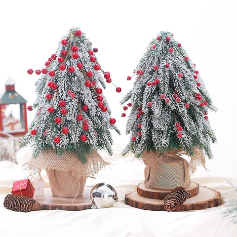 Mini Weihnachtsbaum Tischdeko Mit Roten Beeren Und Schnee-Effekt PET PVC Jute Basis Rustikale Feiertagsdekoration Haus Büro