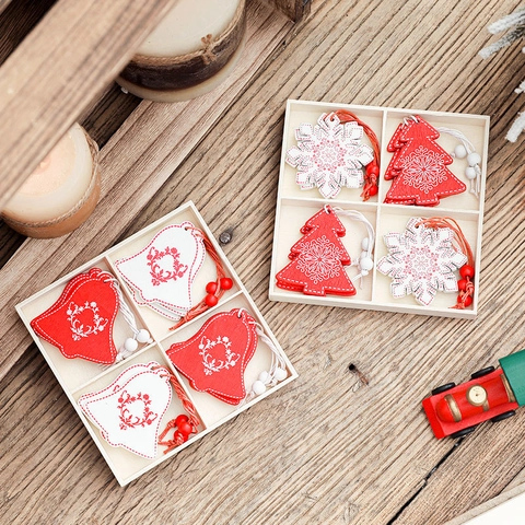 Ornements De Noël Suspendus En Bois Flocon De Neige Renne Étoile Cloche Motif Carreaux Rouge Blanc Style Nordique Décoration