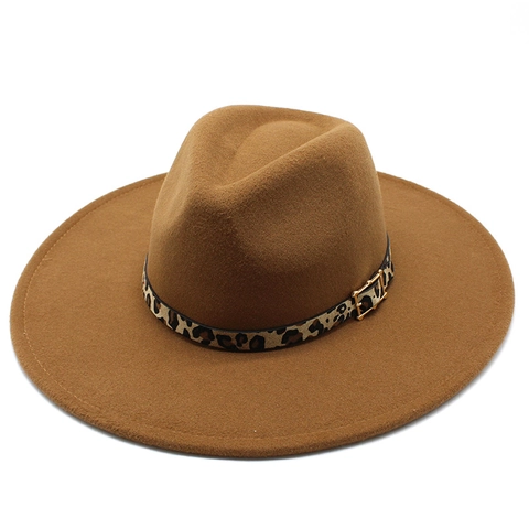 Retro Wide Brim Fedora Hat Cotton Polyester Blend Jazz Cap With Leopard Print Band Gold Buckle Unisex Autumn Winter