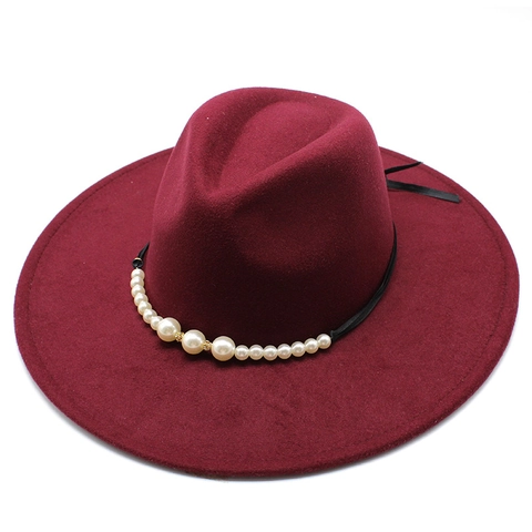 Elegant Fedora Hat Wool Felt Wide Brim Artificial Pearl Band Autumn Winter Warm British Style Retro Jazz Cap Women