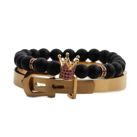 Heren Roestvrijstalen Gesp Armring En Matsteen Kralen Kroon Zirkonia Armband Mode Sieraden