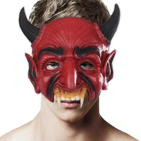 Roter Teufel Satan Maske Mit Schwarzen Hörnern Und Reißzähnen Latex Gruselige Kostüm Requisite Für Halloween Cosplay Party