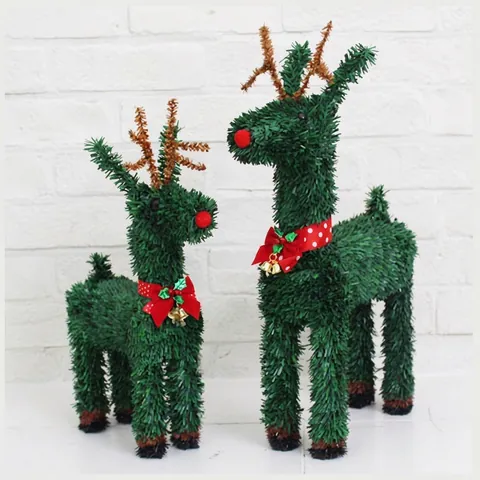 Christmas Reindeer Decoration LED Lighted Artificial Grass Deer Figurine With Red Bow And Bell For Holiday Scene Decor