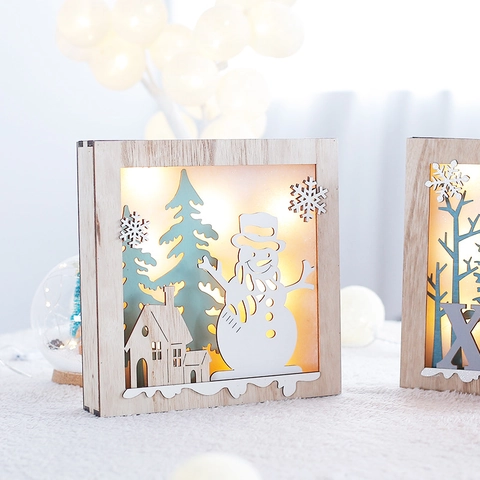 Weihnachts Holz LED Leuchtkasten Ornament Ausgehöhlt Desktop Deko Elch Schneemann Rentier Feiertag Party Dekoration