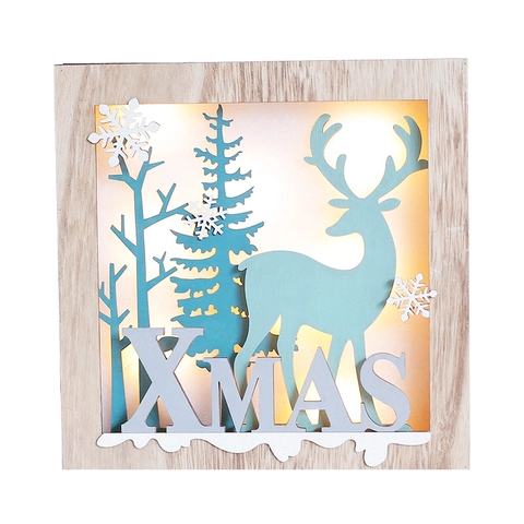 Weihnachts Holz LED Leuchtkasten Ornament Ausgehöhlt Desktop Deko Elch Schneemann Rentier Feiertag Party Dekoration