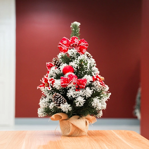 Mini Albero Di Natale Decorazione Da Tavolo Innevato Con Pigne Bacche Rosse Base In Iuta Ornamento Rustico Natalizio