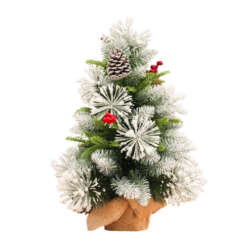Mini Albero Di Natale Decorazione Da Tavolo Innevato Con Pigne Bacche Rosse Base In Iuta Ornamento Rustico Natalizio
