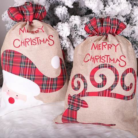 Christmas Burlap Gift Bags Large Drawstring Santa Reindeer Applique Plaid Holiday Candy Packaging Party Decoration